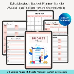 Può includere: Un pacchetto di pianificatore di budget digitale con più pagine visualizzate su tablet. Le pagine includono un calendario, i dettagli del conto bancario, un tracker delle password e una panoramica del budget. Il testo recita "Editable Mega Budget Planner Bundle" e "Download istantaneo".