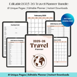 Può includere: Un pacchetto di pianificatore di viaggio digitale con una copertina beige chiaro con il testo "2025-26 Travel Planner" e una grafica della mappa del mondo. Il pacchetto include elenchi di contatti, calendari ed elenchi di festività.