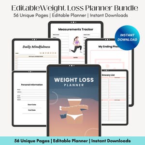 30 Seiten druckbares rosa Gewichtsverlust-Tagebuch, rosa Gewichtsverlust-Paket mit Vorlage zur Essensplanung, Fitness-Tracker, Wasser-Tracker, Lebensmittel
