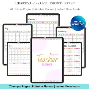 May include: A collection of digital teacher planners for 2025-2026, displayed on tablets. The planners feature monthly calendars, to-do lists, and a cover with the text "Teacher Planner." The image includes the text "Instant Download."