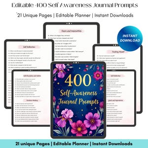 Puede incluir: Un producto de descarga digital que presenta un diario de autoconocimiento con 400 preguntas. La portada muestra el título en letras doradas, rodeado de ilustraciones florales. El producto incluye 21 páginas únicas y es un planificador editable.