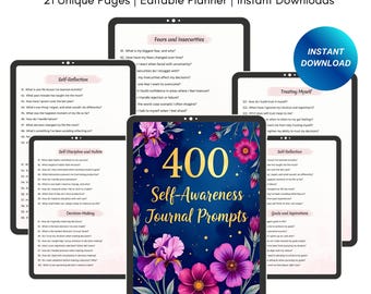 May include: A digital download product featuring a self-awareness journal with 400 prompts. The cover displays the title in gold lettering, surrounded by floral illustrations. The product includes 21 unique pages and is an editable planner.