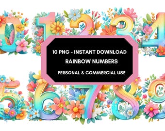 Birthday numbers png, Rainbow Numbers SVG Bundle, Floral Number printable, Flower numbers clipart, Clipart and Sublimation Designs