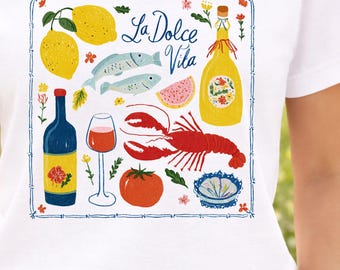 Imagem PNG de verão mediterrâneo, clipart La Dolce Vita, design de sublimação Coquette, design retrô de verão, sardinhas, lagosta PNG, download digital