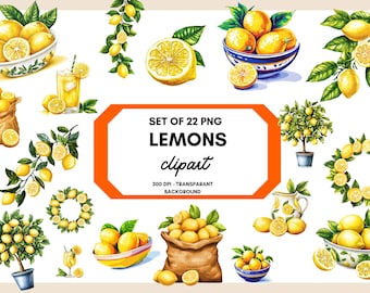 May include: Watercolor illustrations of lemons in various arrangements. The image includes lemons in bowls, bags, and on branches, along with a glass of lemonade. Text reads "SET OF 22 PNG LEMONS clipart".