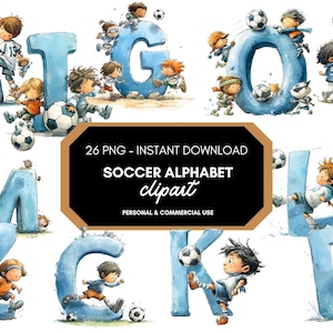 Op de afbeelding: Watercolor voetbal alfabet clipart met de letters A t/m R in lichtblauw, elk met voetballende kinderen. De afbeelding bevat voetballen en de tekst "26 PNG - INSTANT DOWNLOAD SOCCER ALPHABET clipart PERSONAL & COMMERCIAL USE."