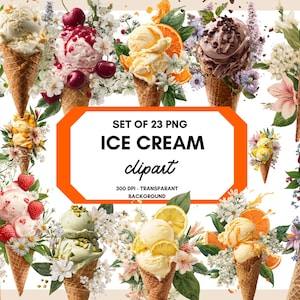 Op de afbeelding: Een verzameling aquarel ijsje clipart. Elke kegel heeft een andere smaak ijs, zoals chocolade, vanille en bessen, versierd met bloemen en fruit. De tekst "SET OF 23 PNG ICE CREAM clipart" is ook inbegrepen.
