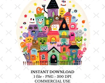 May include: A colorful illustration of a whimsical town with houses and buildings in various colors, each with unique faces and features. The image includes text that reads "INSTANT DOWNLOAD 1 file - PNG - 300 DPI COMMERCIAL USE."