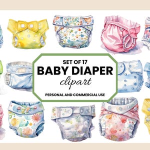 Könnte beinhalten: Aquarell-Clipart-Set mit 17 Babywindeln in verschiedenen Farben und floralen Mustern. Die Windeln sind in Blau-, Grün-, Gelb- und Rosatönen gehalten. Der Text "SET OF 17 BABY DIAPER clipart" wird in einem grünen Sechseck angezeigt.