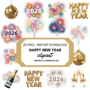Op de afbeelding: Een verzameling aquarel illustraties voor Nieuwjaarsvieringen. Bevat vuurwerk, champagneflessen, champagneglazen, discoballen en de teksten "2026" en "Gelukkig Nieuwjaar". Perfect voor digitale kunstprojecten.