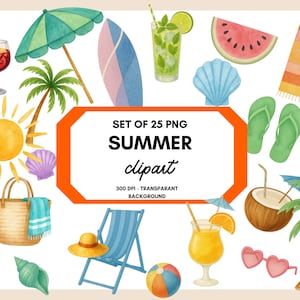 Op de afbeelding: Watercolor zomer clipart set met verschillende strand- en vakantie-elementen. Inclusief een flamingo-drijver, cocktails, een surfboard, watermeloen, schelpen, slippers en ijs. De tekst zegt "SUMMER clipart".