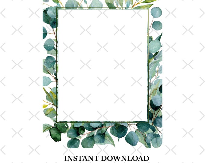 Eucalyptus and Gold Frame Clipart, Green Leaves Garland PNG, Greenery ...