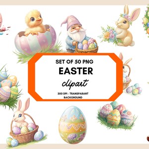 Op de afbeelding: Een set van 50 Pasen clipart-afbeeldingen in PNG-formaat. De afbeeldingen omvatten konijnen, kuikens, eieren, kransen en een dwerg. De afbeeldingen zijn 300 DPI en hebben een transparante achtergrond.