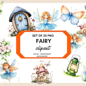 Blaugrünes Aquarell-Feen-Clipart-Bundle - 25 PNGs, Feenhäuser, Blumen, Schmetterling, 300 DPI Fantasy-Kunst zum Basteln und Scrapbooking