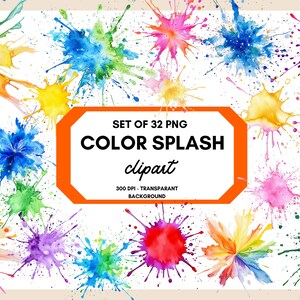 Op de afbeelding: Een verzameling van 32 PNG-kleurensplash-cliparts in verschillende levendige kleuren, waaronder rood, blauw, geel, roze en paars. De afbeeldingen zijn spetters in aquarel-stijl met een transparante achtergrond.