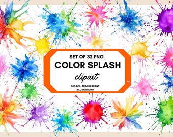 May include: A collection of 32 PNG color splash clip art images in various vibrant colors, including red, blue, yellow, pink, and purple. The images are watercolor-style splashes with a transparent background.