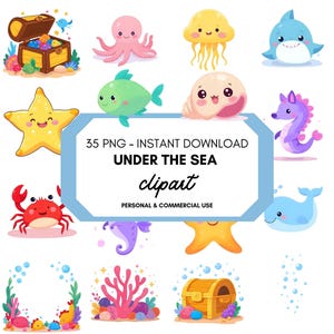 Può includere: Una collezione di creature marine e elementi sottomarini in stile cartone animato, tra cui una tartaruga, un polpo, una medusa, uno squalo, un granchio e una stella marina. L'immagine include il testo "UNDER THE SEA clipart".