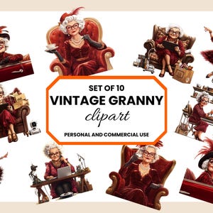 Op de afbeelding: Set van 10 vintage oma clipart illustraties. De illustraties tonen een oma in verschillende poses, waaronder autorijden, zitten op een stoel en werken aan een bureau. De illustraties zijn in cartoon stijl en hebben een vintage esthetiek.