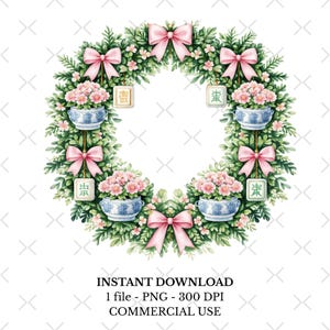 May include: A watercolor wreath design featuring green foliage, pink bows, and small pink flowers. Blue and white porcelain bowls hold more pink flowers. Gold-colored rectangular tags hang from the wreath. Text at the bottom reads "INSTANT DOWNLOAD".