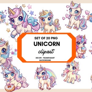 Op de afbeelding: Set van 20 digitale clipart-afbeeldingen met schattige cartoon-eenhoorns in verschillende poses met een regenboog, harten, sterren en andere fantasierijke elementen. De afbeeldingen zijn 300 DPI en hebben transparante achtergronden.