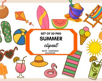 Summer Clipart Bundle PNG, Beach Vacation Stickers, Tropical Digital Download for Cricut, Sublimation and Invitations. Sun, ice cream 20 png