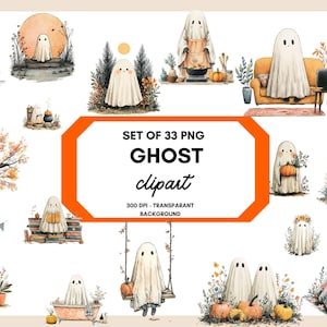 Op de afbeelding: Een verzameling van 33 PNG-spookcliparts. De geesten worden afgebeeld in verschillende scènes, waaronder het vasthouden van pompoenen, het zitten op een bank en op een schommel. De afbeeldingen zijn in aquarel stijl en tegen een witte achtergrond.