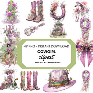 Op de afbeelding: Een verzameling aquarel cowgirl clipart afbeeldingen in roze, paarse en groene tinten. De afbeeldingen bevatten cowboylaarzen, hoeden, een gitaar, een hoefijzer en een cowgirl illustratie. Tekst luidt "49 PNG - DIRECTE DOWNLOAD" en "COWGIRL clipart".