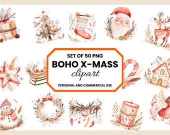 Clipart natalizio Boho PNG, Natale neutro, Clipart invernale, Clipart natalizio ad acquerello, Clipart festivo, Download digitale
