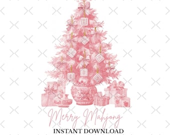 May include: A pink watercolor illustration of a Christmas tree decorated with bows and ornaments. The tree sits atop a decorative vase, surrounded by wrapped gifts. The text "Merry Mahjong" is displayed below the tree.