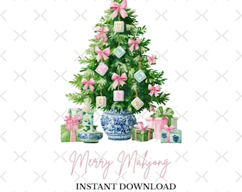 May include: Watercolor illustration of a Christmas tree decorated with pink bows and Mahjong tiles. A blue and white vase and wrapped gifts are at the base. The text "Merry Mahjong" is written in pink.