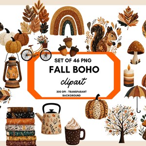 Op de afbeelding: Een verzameling van 46 PNG clip art elementen met herfstthema. De illustraties bevatten pompoenen, paddenstoelen, een eekhoorn, een vos, een fiets, een regenboog, bladeren en andere herfstontwerpen in warme kleuren.