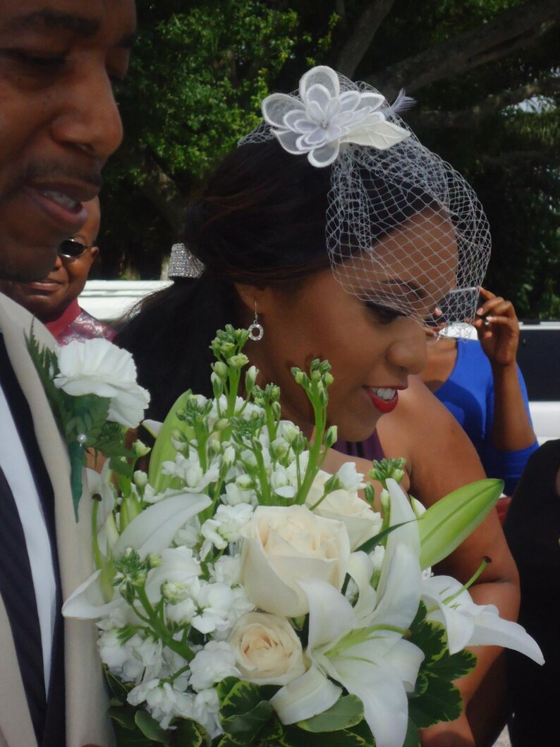 Shayna/'s organza flower birdcage veil