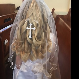 Communion Veil, Personalized Crucifix and Name or Monogram Rayon Cord Edged