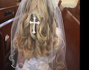 Communion Veil, Personalized Crucifix and Name or Monogram Rayon Cord Edged