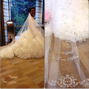 May include: A white wedding veil with the words "Happily Ever After" embroidered on it. The veil is made of tulle and has a delicate lace trim.