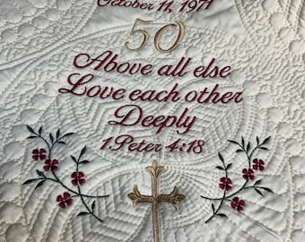 50” by 60” Anniversary Bible Verse Embroidered Heirloom Lap Quilt with Crucifix