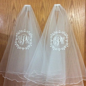 Framed Monogrammed pencil edge  two tier circular style Communion veil