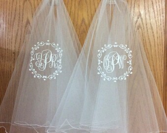 Framed Monogrammed pencil edge  two tier circular style Communion veil