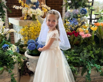 Circular style Two tier Personalized Communion veil with crucifix and wavy rayon cord perimeter