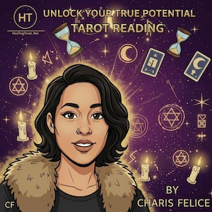 Può includere: Illustrazione digitale di una donna con capelli scuri e colletto di pelliccia, su sfondo viola con carte dei tarocchi, candele e simboli celesti. Il testo recita "Unlock Your True Potential Tarot Reading" e "By Charis Felice."