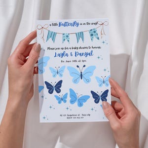 Invito per baby shower "Una piccola farfalla è in arrivo", invito per baby shower con farfalla blu, modello per invito per baby shower per neonato