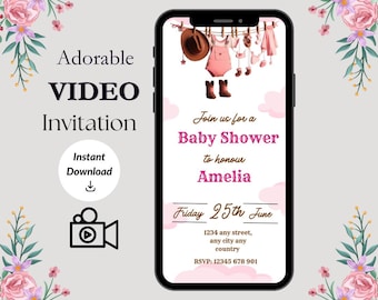 Cowgirl-Babyparty-Video einladen: Western-Thema (bearbeitbare Canva-Vorlage)