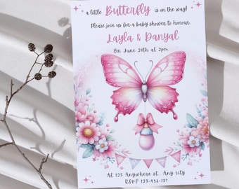 Pink Butterfly Baby Shower Invitation Template (Canva Editable)