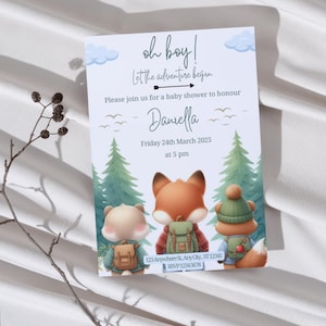 Let the adventure begin baby shower invite, woodland baby shower invite, oh boy baby shower invite, editable invitation template canva