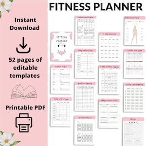 May include: A pink and white fitness planner with various editable templates. The planner includes sections for daily fitness tracking, workout plans, fitness goals, and more. The text "Fitness Planner" is visible on the cover and other pages. The planner is a printable PDF.