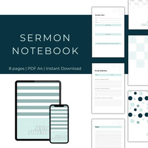 Puede incluir: Un conjunto de cuaderno de sermones digital con 8 páginas en formato PDF A4. El diseño incluye patrones de rayas, lunares y lazos en azul claro y blanco. Las páginas contienen secciones para notas de sermones, reflexiones y áreas rayadas.