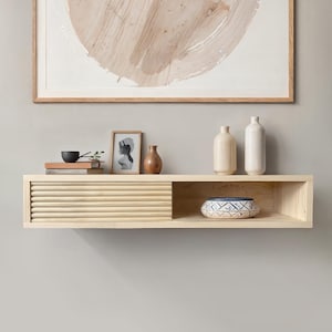 Handmade Floating Wood Console Table: Wall Mounted Shelf with Slider Door