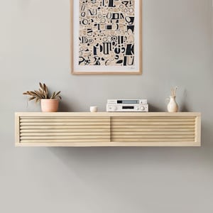 Handmade Floating Wood Console Table with Sliding Doors