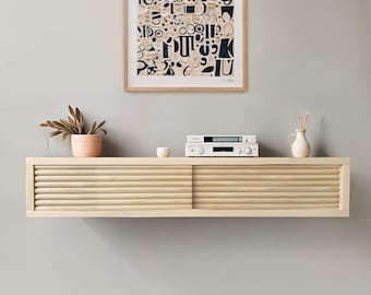 Floating wood shelf, handmade floating console, floating table with 2 slider door
