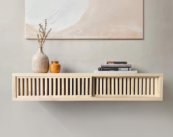 Floating wood shelf, handmade floating console, floating table with 2 slider door